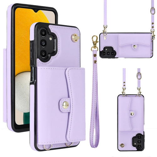 Samsung Galaxy A13 4G / 5G RFID Card Slot Leather Phone Case with Long Lanyard - Purple