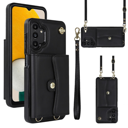 Samsung Galaxy A13 4G / 5G RFID Card Slot Leather Phone Case with Long Lanyard - Black