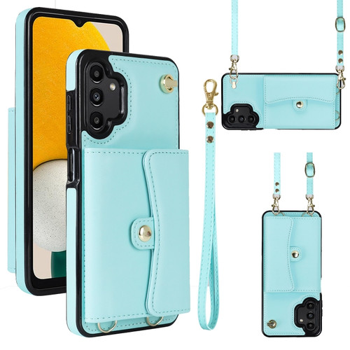 Samsung Galaxy A13 4G / 5G RFID Card Slot Leather Phone Case with Long Lanyard - Mint Green