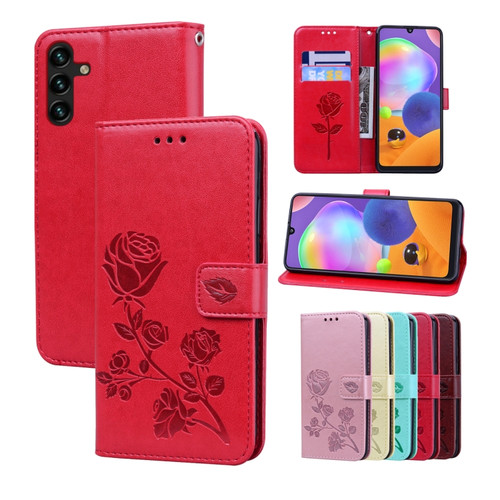 Samsung Galaxy A13 5G Rose Embossed Leather Phone Case - Red