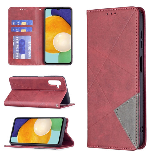 Samsung Galaxy A13 5G Prismatic Invisible Magnetic Horizontal Flip Phone Leather Case with Holder & Card Slots & Photo Frame - Red