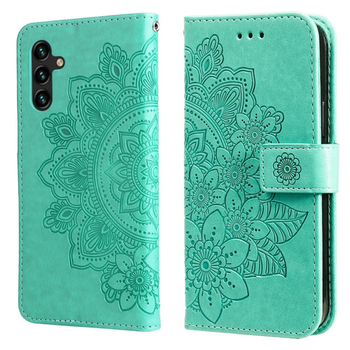 Samsung Galaxy A13 5G 7-petal Flowers Embossing Horizontal Flip Leather Phone Case with Holder & Card Slots - Green