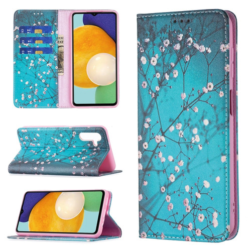 Samsung Galaxy A13 5G Colored Drawing Pattern Invisible Magnetic Horizontal Flip Phone Leather Case with Holder & Card Slots & Wallet - Plum Blossom