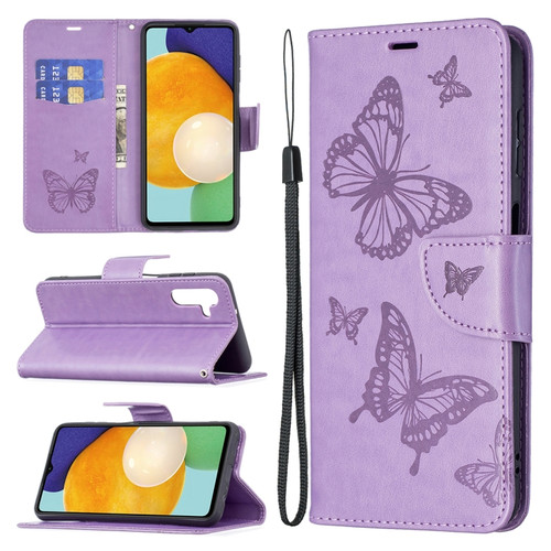 Samsung Galaxy A13 5G Embossing Two Butterflies Pattern Leather Phone Case with Holder & Card Slot & Wallet & Lanyard - Purple