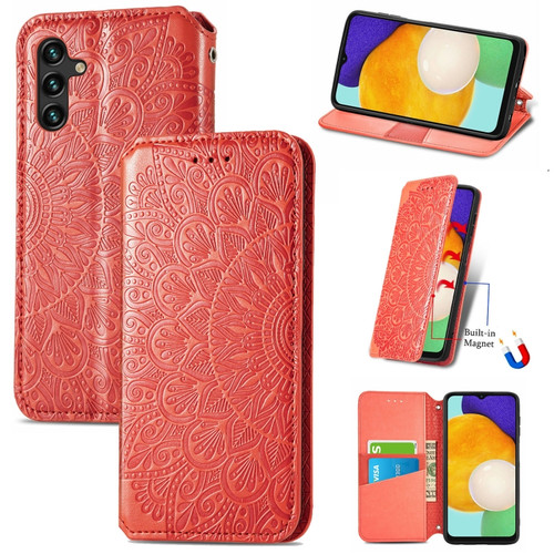 Samsung Galaxly A13 5G Blooming Mandala Embossed Magnetic Horizontal Flip Leather Case with Holder & Card Slots & Wallet - Red