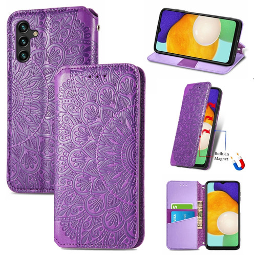 Samsung Galaxly A13 5G Blooming Mandala Embossed Magnetic Horizontal Flip Leather Case with Holder & Card Slots & Wallet - Purple