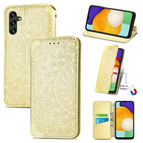 Samsung Galaxly A13 5G Blooming Mandala Embossed Magnetic Horizontal Flip Leather Case with Holder & Card Slots & Wallet - Yellow