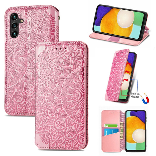 Samsung Galaxly A13 5G Blooming Mandala Embossed Magnetic Horizontal Flip Leather Case with Holder & Card Slots & Wallet - Pink