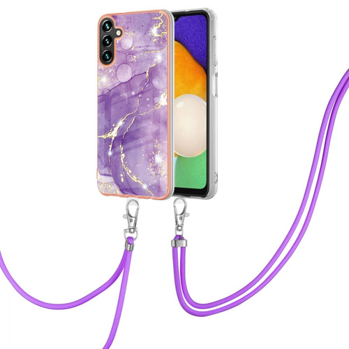 Samsung Galaxy A13 5G Electroplating Marble IMD TPU Phone Case with Lanyard - Purple 002