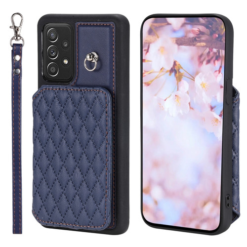 Samsung Galaxy A13 5G / 4G Grid Texture Card Bag Phone Case with Lanyard - Blue