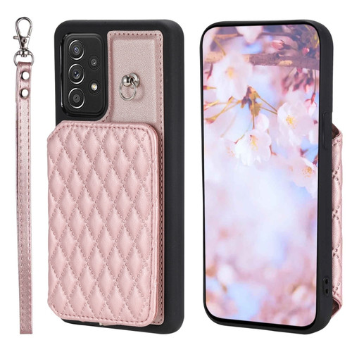 Samsung Galaxy A13 5G / 4G Grid Texture Card Bag Phone Case with Lanyard - Rose Gold