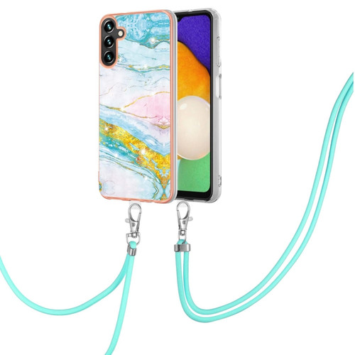 Samsung Galaxy A13 5G Electroplating Marble IMD TPU Phone Case with Lanyard - Green 004