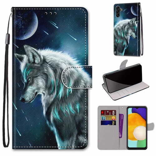Samsung Galaxy A13 5G Coloured Drawing Cross Texture Horizontal Flip Leather Phone Case with Holder & Card Slots & Wallet & Lanyard - Pensive Wolf