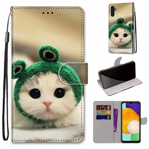 Samsung Galaxy A13 5G Coloured Drawing Cross Texture Horizontal Flip Leather Phone Case with Holder & Card Slots & Wallet & Lanyard - Frog Kitten