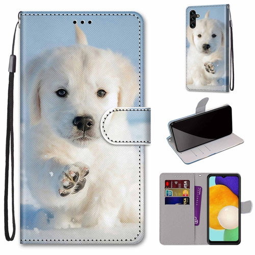 Samsung Galaxy A13 5G Coloured Drawing Cross Texture Horizontal Flip Leather Phone Case with Holder & Card Slots & Wallet & Lanyard - Snow Puppy