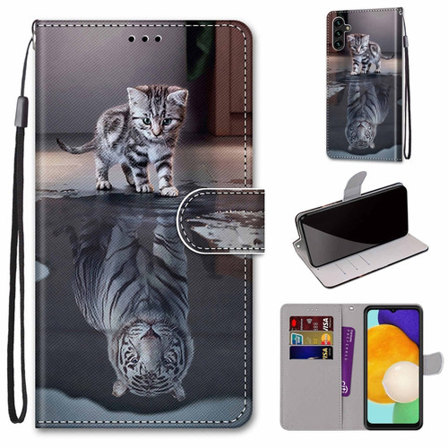 Samsung Galaxy A13 5G Coloured Drawing Cross Texture Horizontal Flip Leather Phone Case with Holder & Card Slots & Wallet & Lanyard - Cat Becomes Tiger