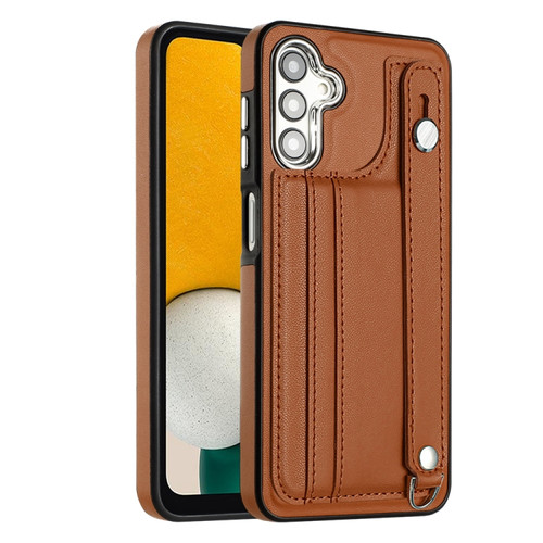 Samsung Galaxy A13 5G / A04S / M13 5G Shockproof Leather Phone Case with Wrist Strap - Brown