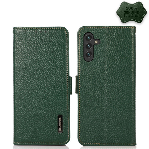Samsung Galaxy A13 5G KHAZNEH Side-Magnetic Litchi Genuine Leather RFID Phone Case - Green