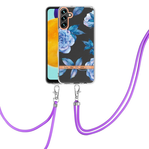 Samsung Galaxy A13 5G Flowers Series TPU Phone Case with Lanyard - Blue Peony