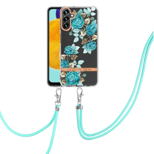 Samsung Galaxy A13 5G Flowers Series TPU Phone Case with Lanyard - Blue Rose