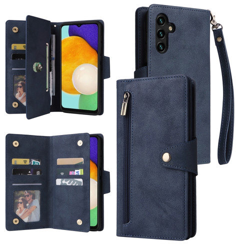 Samsung Galaxy A13 5G Rivet Buckle 9 Cards Three Fold Leather Phone Case - Blue