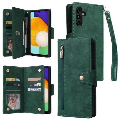 Samsung Galaxy A13 5G Rivet Buckle 9 Cards Three Fold Leather Phone Case - Green