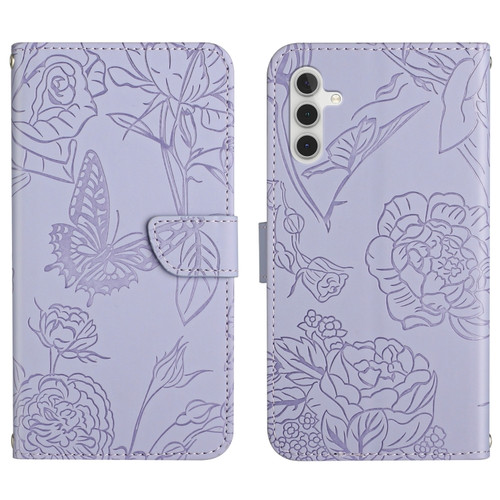 Samsung Galaxy A13 5G Skin Feel Butterfly Peony Embossed Leather Phone Case - Purple