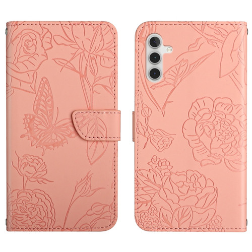 Samsung Galaxy A13 5G Skin Feel Butterfly Peony Embossed Leather Phone Case - Pink