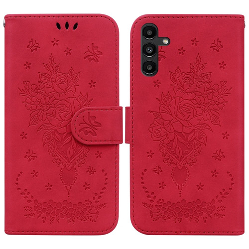 Samsung Galaxy A13 5G Butterfly Rose Embossed Leather Phone Case - Red