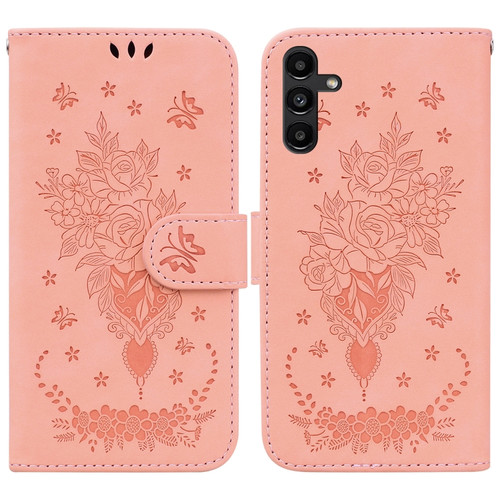 Samsung Galaxy A13 5G Butterfly Rose Embossed Leather Phone Case - Pink