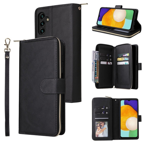 Samsung Galaxy A13 5G 9 Card Slots Zipper Wallet Bag Leather Phone Case - Black