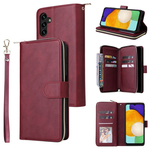 Samsung Galaxy A13 5G 9 Card Slots Zipper Wallet Bag Leather Phone Case - Wine Red