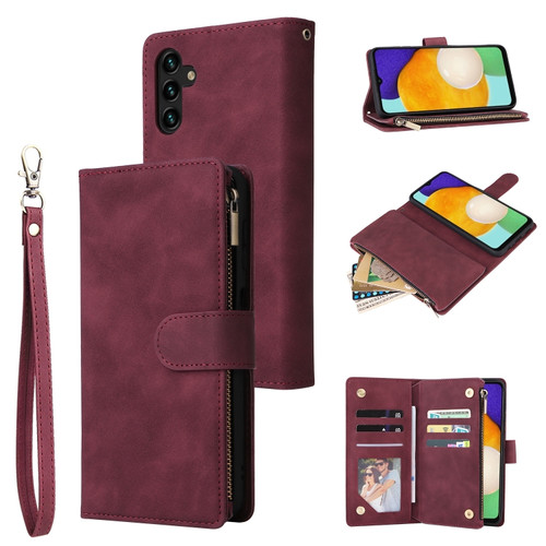 Samsung Galaxy A13 5G Multifunctional Frosted Zipper Wallet Leather Phone Case - Wine Red