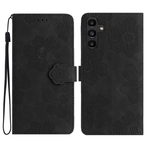 Samsung Galaxy A13 5G Flower Embossing Pattern Leather Phone Case - Black