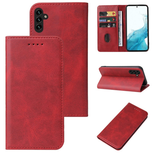 Samsung Galaxy A13 5G Calf Texture Magnetic Flip Leather Phone Case - Red