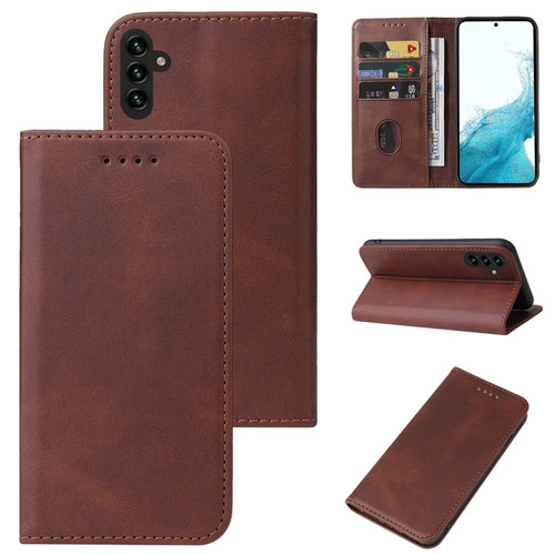 Samsung Galaxy A13 5G Calf Texture Magnetic Flip Leather Phone Case - Brown