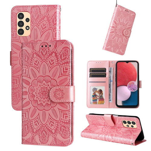 Samsung Galaxy A13 5G Embossed Sunflower Leather Phone Case - Pink