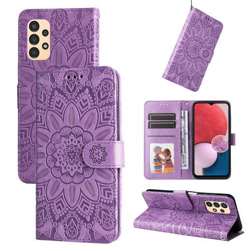 Samsung Galaxy A13 5G Embossed Sunflower Leather Phone Case - Purple