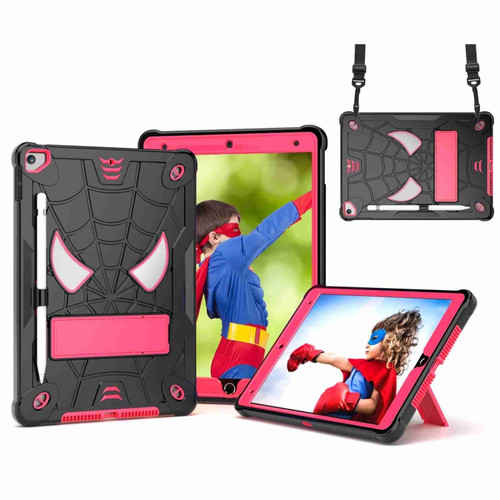 iPad 10.2 2021 / 2020 / 2019 Spider Texture Silicone Hybrid PC Tablet Case with Shoulder Strap - Black + Rose Red