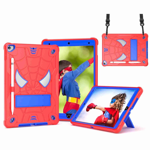 iPad 10.2 2021 / 2020 / 2019 Spider Texture Silicone Hybrid PC Tablet Case with Shoulder Strap - Red + Blue