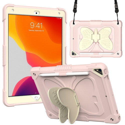Beige PC + Silicone Anti-drop Protective Case with Butterfly Shape Holder & Pen Slot iPad 10.2 2021 & 2020 & 2019 / Air 3 10.5 inch - Beige + Rose Pink