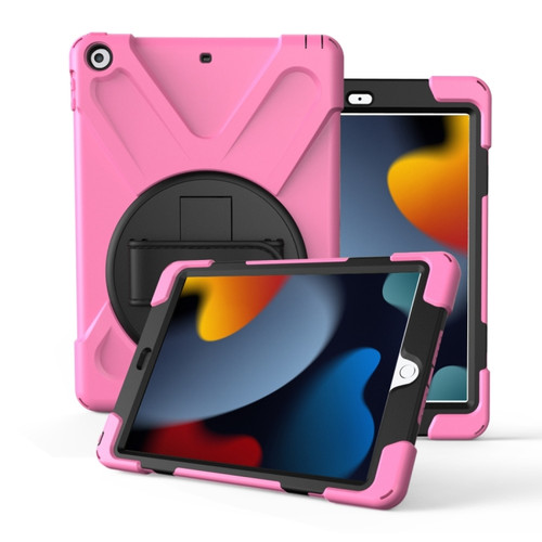 iPad 10.2 2021 / 2020 / 2019 360 Degree Rotation PC + Silicone Protective Case with Holder & Hand-strap - Pink