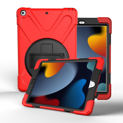 iPad 10.2 2021 / 2020 / 2019 360 Degree Rotation PC + Silicone Protective Case with Holder & Hand-strap - Red