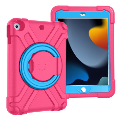 iPad 10.2 PC + Silicone Shockproof Combination Case with 360 Degree Rotating Holder & Handle - Rose Red+Blue