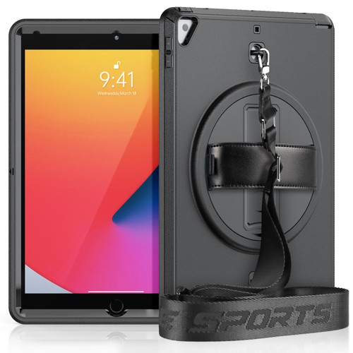 iPad 10.2 2021 / 2020 / 2019 Shockproof TPU Protective Case with Holder & Pen Slot & Shoulder Strap - Black