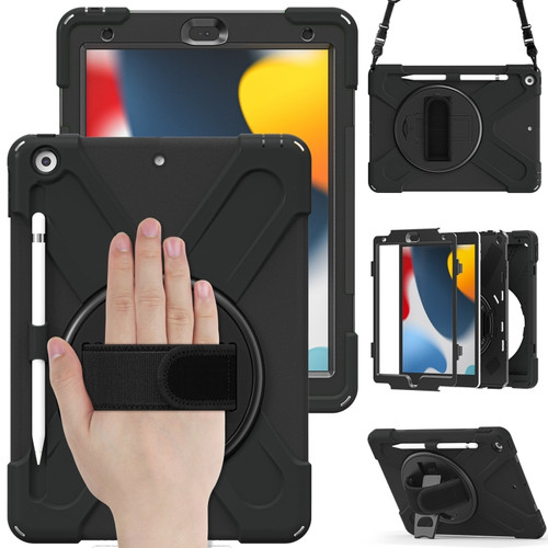 iPad 10.2 2021 / 2020 / 2019 Silicone + PC Protective Case with Holder & Shoulder Strap - Black