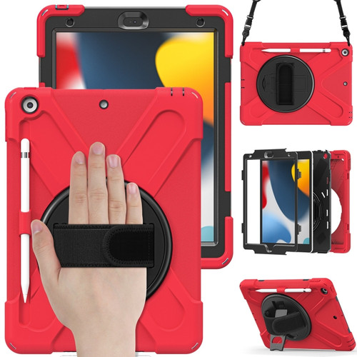iPad 10.2 2021 / 2020 / 2019 Silicone + PC Protective Case with Holder & Shoulder Strap - Red