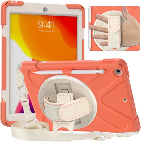 iPad 10.2 2021 / 2020 / 2019 Pure Color Silicone + PC Protective Case with Holder & Shoulder Strap - Coral Orange