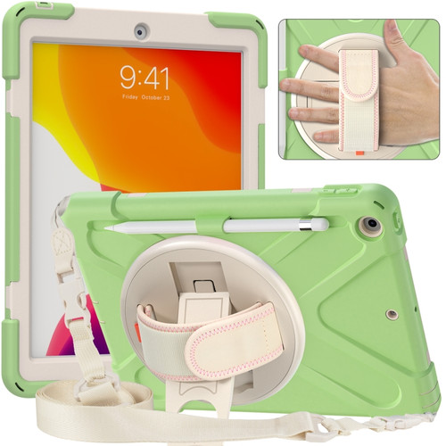 iPad 10.2 2021 / 2020 / 2019 Pure Color Silicone + PC Protective Case with Holder & Shoulder Strap - Matcha Green