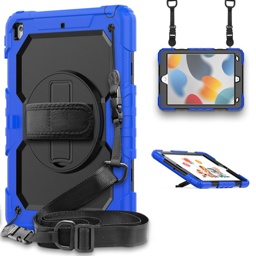 iPad 10.2 2021 / 2020 / 2019 Shockproof Silicone + PC Protective Case with Holder & Shoulder Strap & Pen Slot - Blue